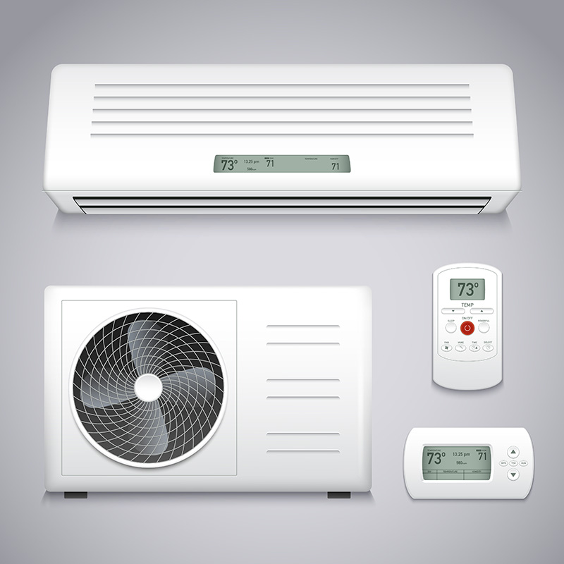 Air conditioner realistic set with cooling and ventilation equipment isolated vector illustration