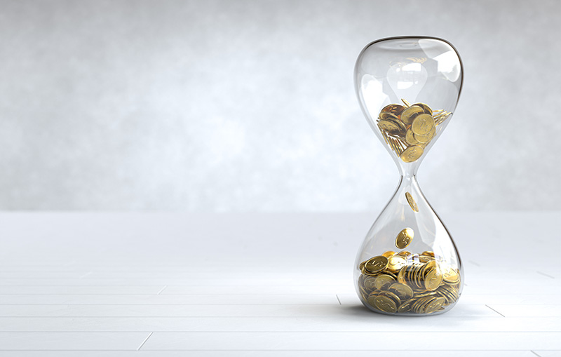 Gold coin in the hourglass, Time is money concept. 3D illustration